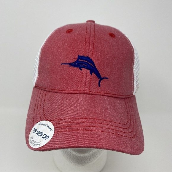 NWT Tommy Bahama Trucker Strapback‎ Hat Marlin Fishing Beach Mesh Red Margarita - Picture 1 of 7